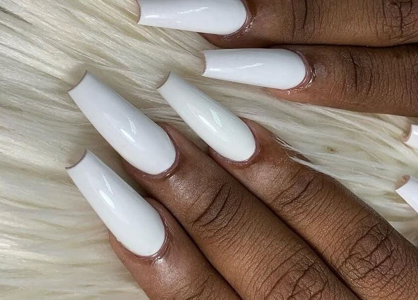 White acrylic nails at SensatioNailz Studio, Bridgetown, Saint Michael, BB. Stylish and elegant nail art.