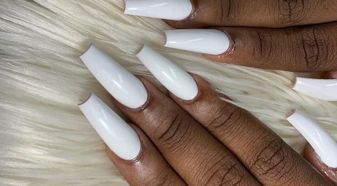 White acrylic nails at SensatioNailz Studio, Bridgetown, Saint Michael, BB. Stylish and elegant nail art.