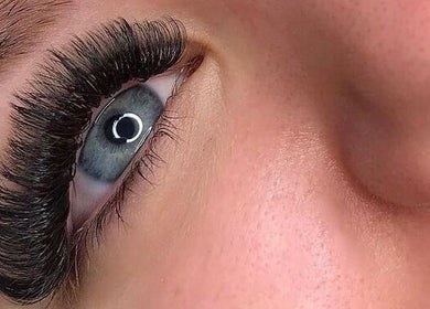 Close-up of eyelash extensions at L.ash Beauty, Melbourne, Victoria, AU. Enhanced lash volume and style.
