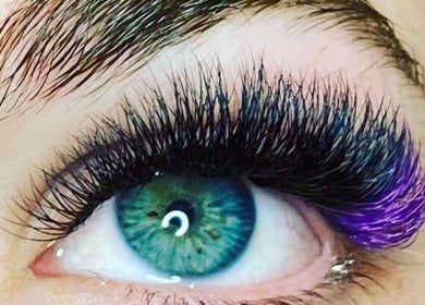 Close-up of colorful eyelash extensions at L.ash Beauty, Melbourne, Victoria, AU.