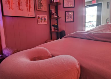Massage bed in calming room at Braven at Relaxations, Alma, Michigan, US, offering relaxation and wellness services.