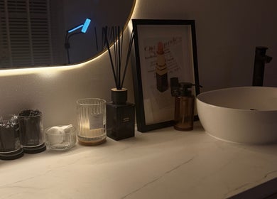 Sophisticated vanity at Amber Henman Makeup Artist in Banff, Scotland, GB with luxurious decor elements.