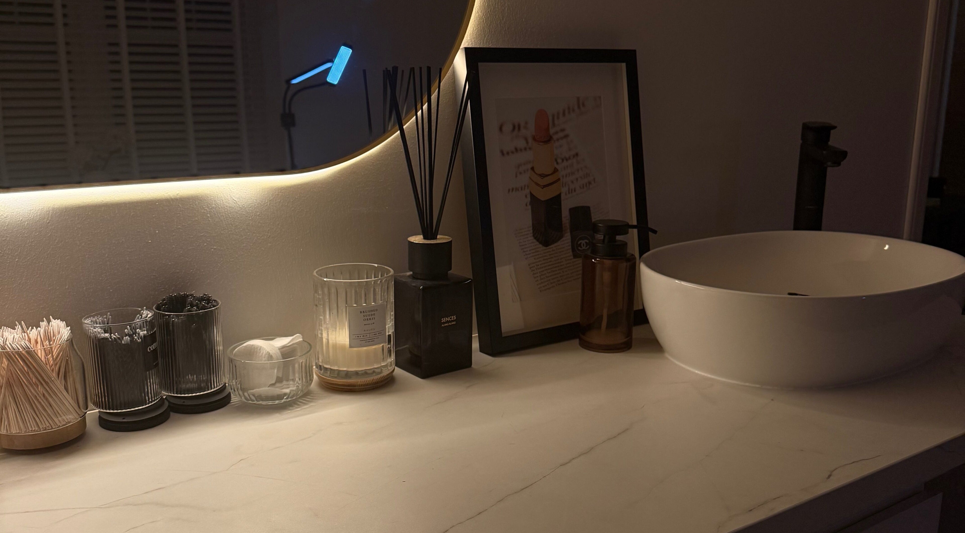 Sophisticated vanity at Amber Henman Makeup Artist in Banff, Scotland, GB with luxurious decor elements.