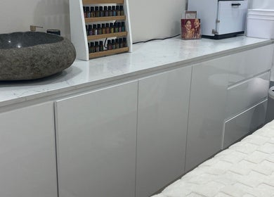 Stone sink and essential oils at Facial Skin Specialist, Smithfield 2164, New South Wales, AU.