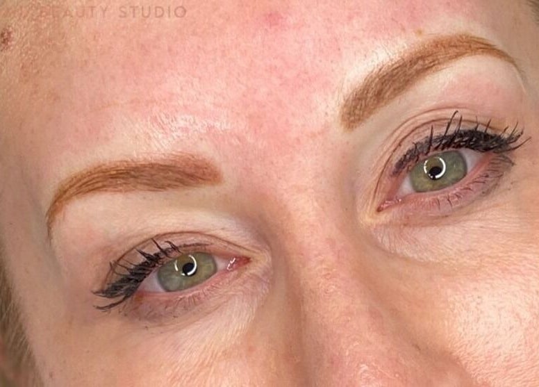 Close-up of perfectly arched eyebrows at Tania Bhangoo Permanent Makeup, Cambridge, England, GB.