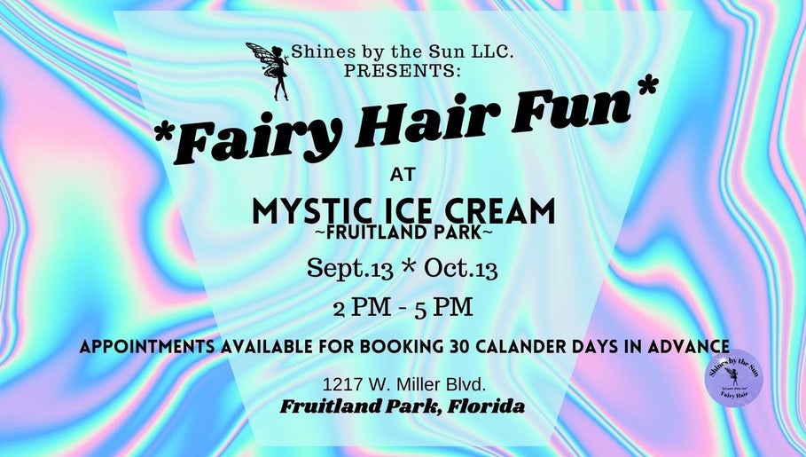 SBTS Fairy Hair event at Mystic Ice Cream in Fruitland Park, Florida, US, pastel swirl background.