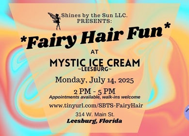 Event banner for SBTS Fairy Hair at Mystic Ice Cream in Leesburg, Florida, US featuring vibrant colors.