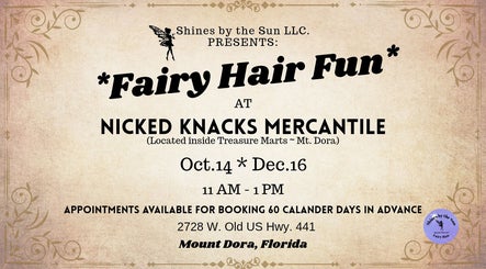 SBTS Fairy Hair event ad at Nicked Knacks Mercantile in Mount Dora, Florida. October to December dates shown.