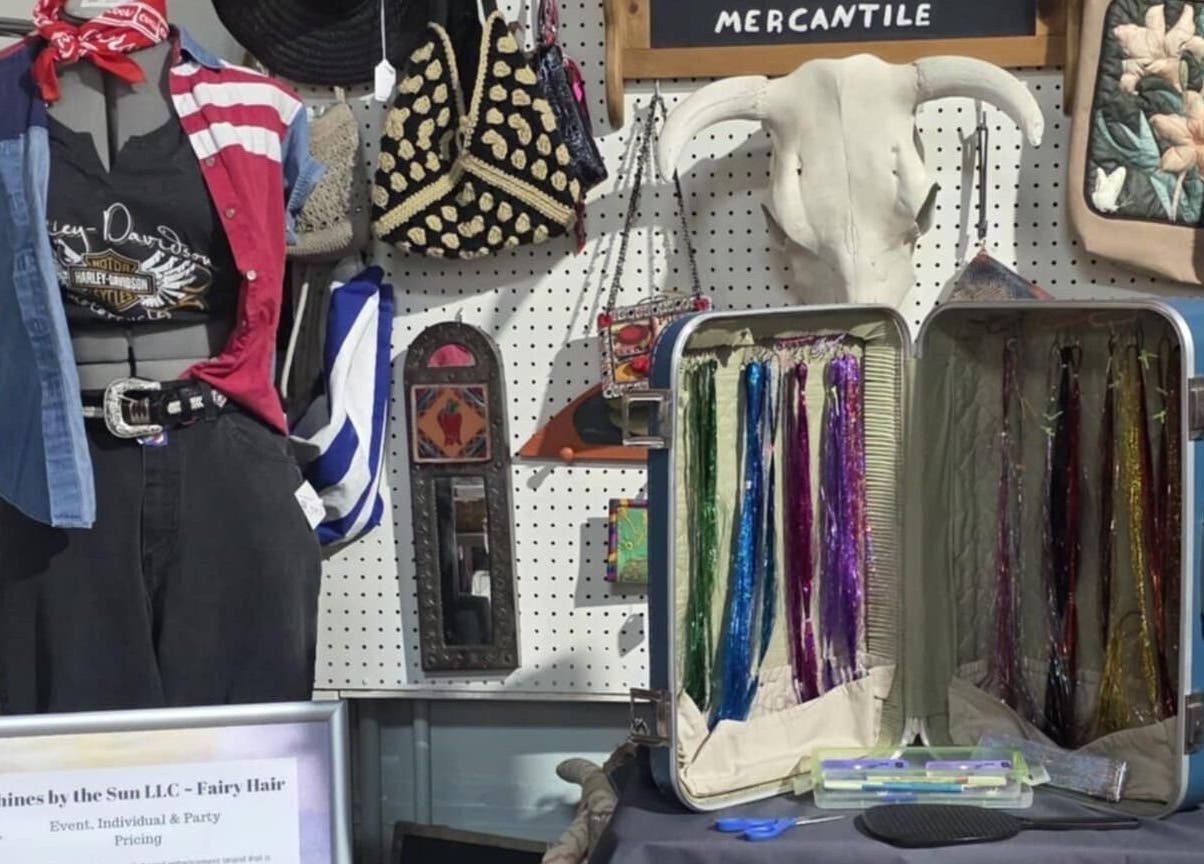 Colorful fairy hair display at SBTS Fairy Hair - Nicked Knacks Mercantile, Mount Dora, Florida, US.