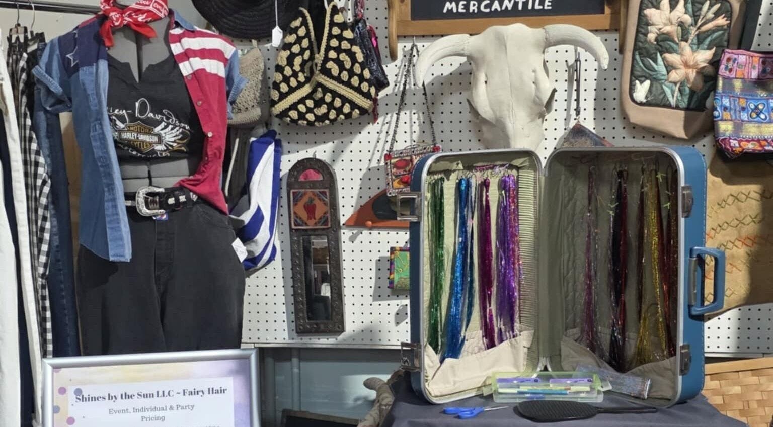 Colorful fairy hair display at SBTS Fairy Hair - Nicked Knacks Mercantile, Mount Dora, Florida, US.