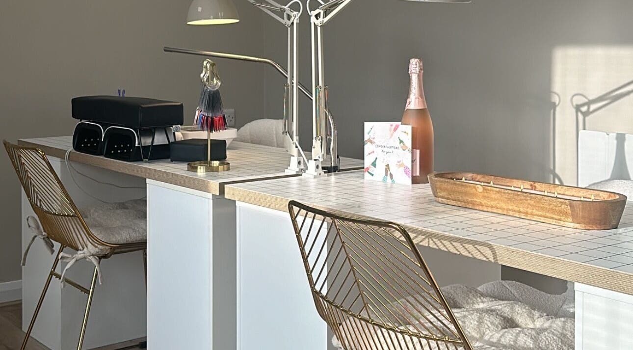 Chic manicure station at Beauty By Chaise in Stone, England, GB, showcasing stylish decor and cozy ambiance.