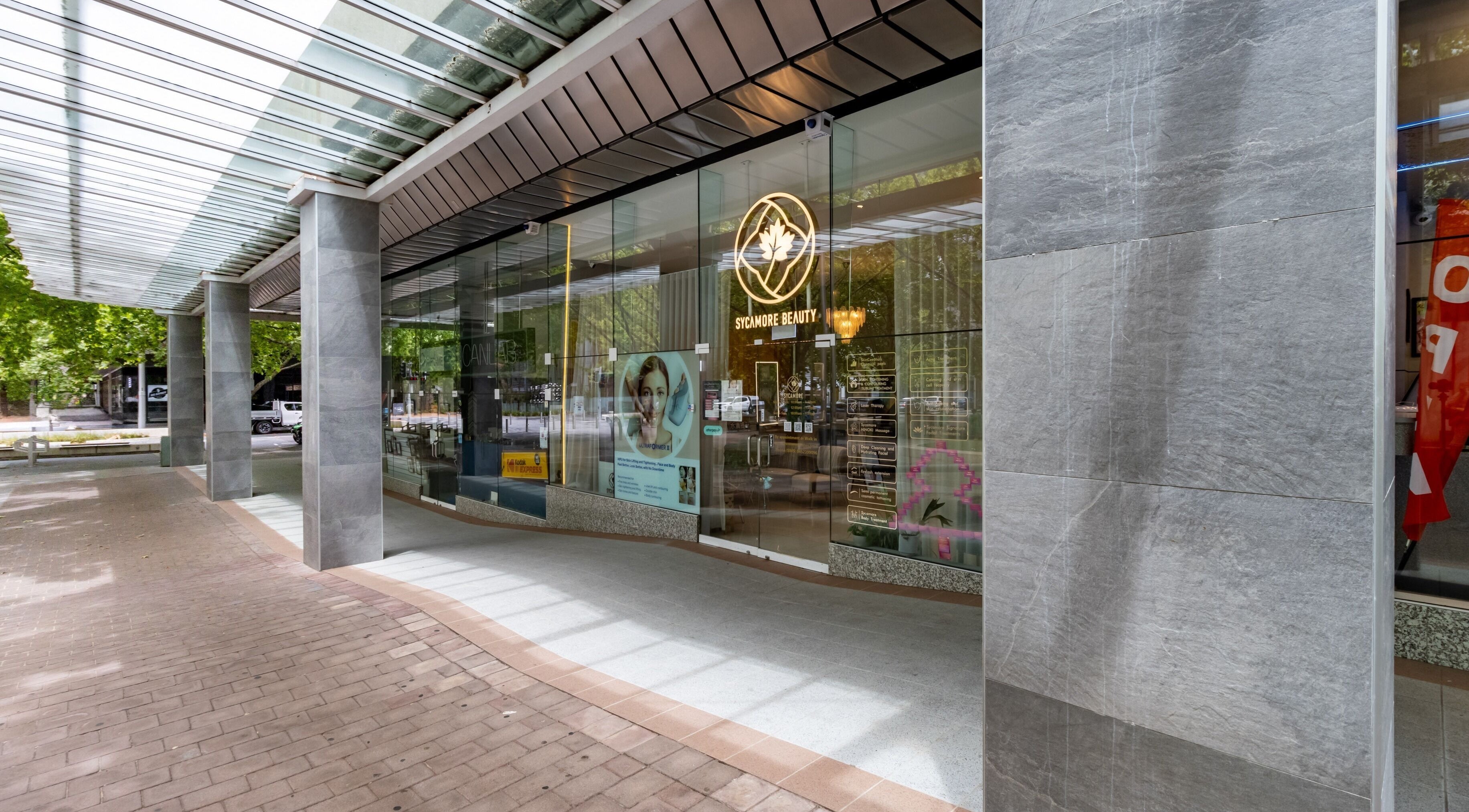 Exterior view of Sycamore Medi Spa - Civic, showcasing modern glass facade in Canberra, Australian Capital Territory, AU.