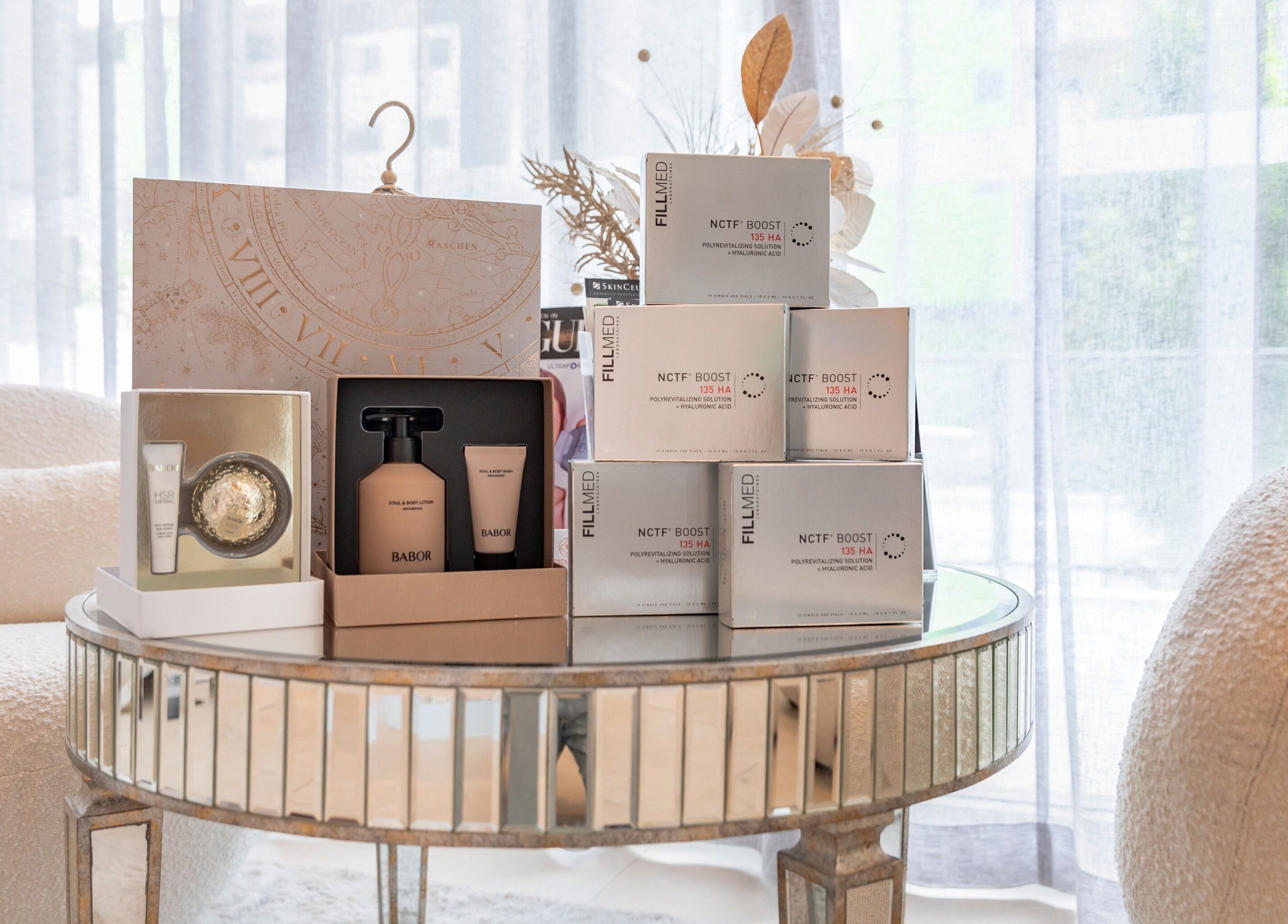 High-end skincare products at Sycamore Medi Spa - Franklin, Australian Capital Territory, AU on a mirrored table.