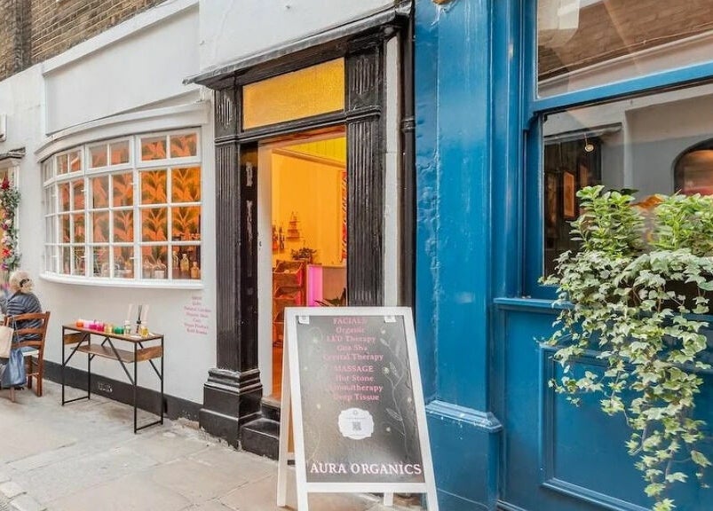 Entrance of Aura Organics Spa - Greenwich in London, England, GB, showcasing a welcoming vintage style.