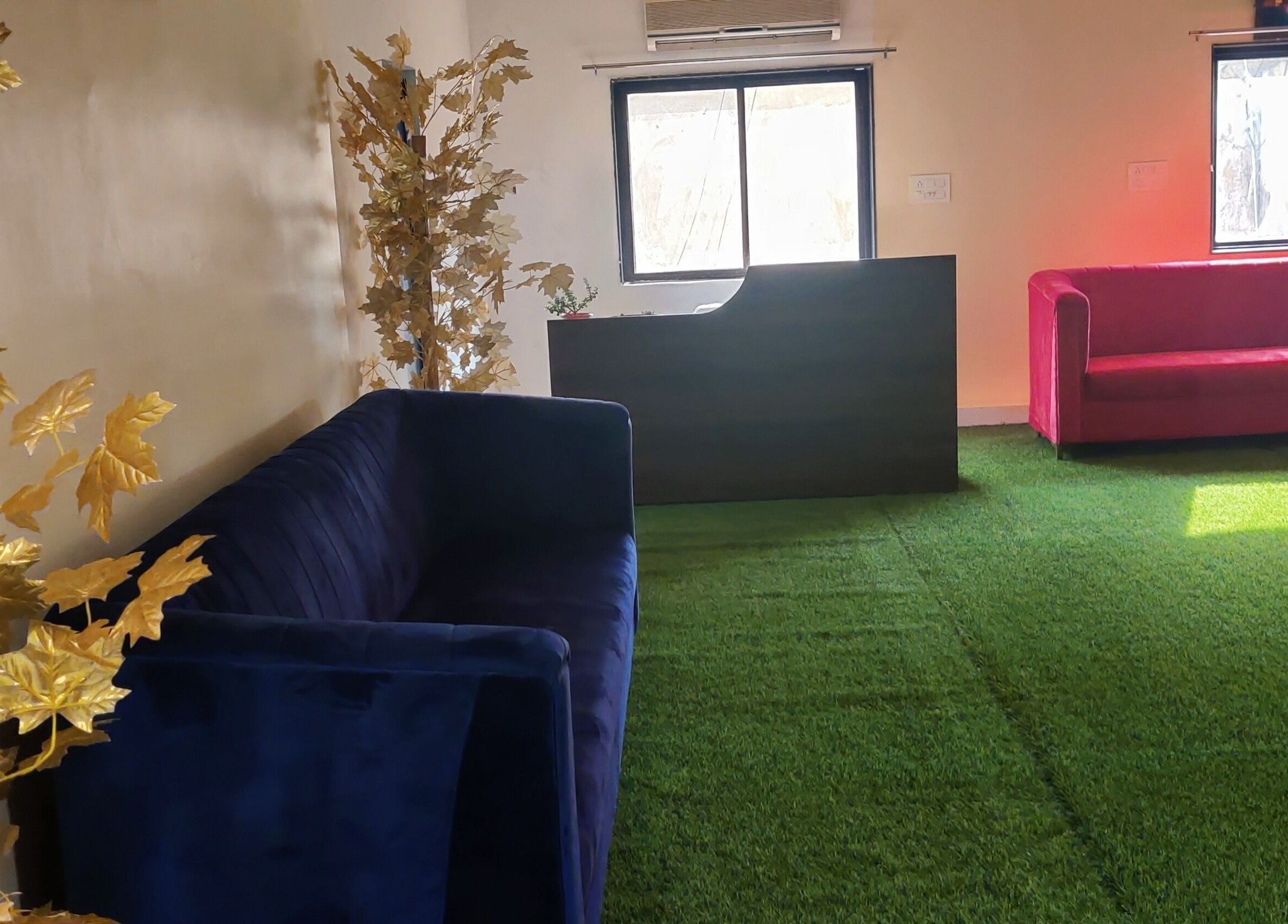 Relaxing lounge at Absolute Ace Unisex Spa and Salon, Raipur, Chhattisgarh, IN, with vibrant decor and greenery.