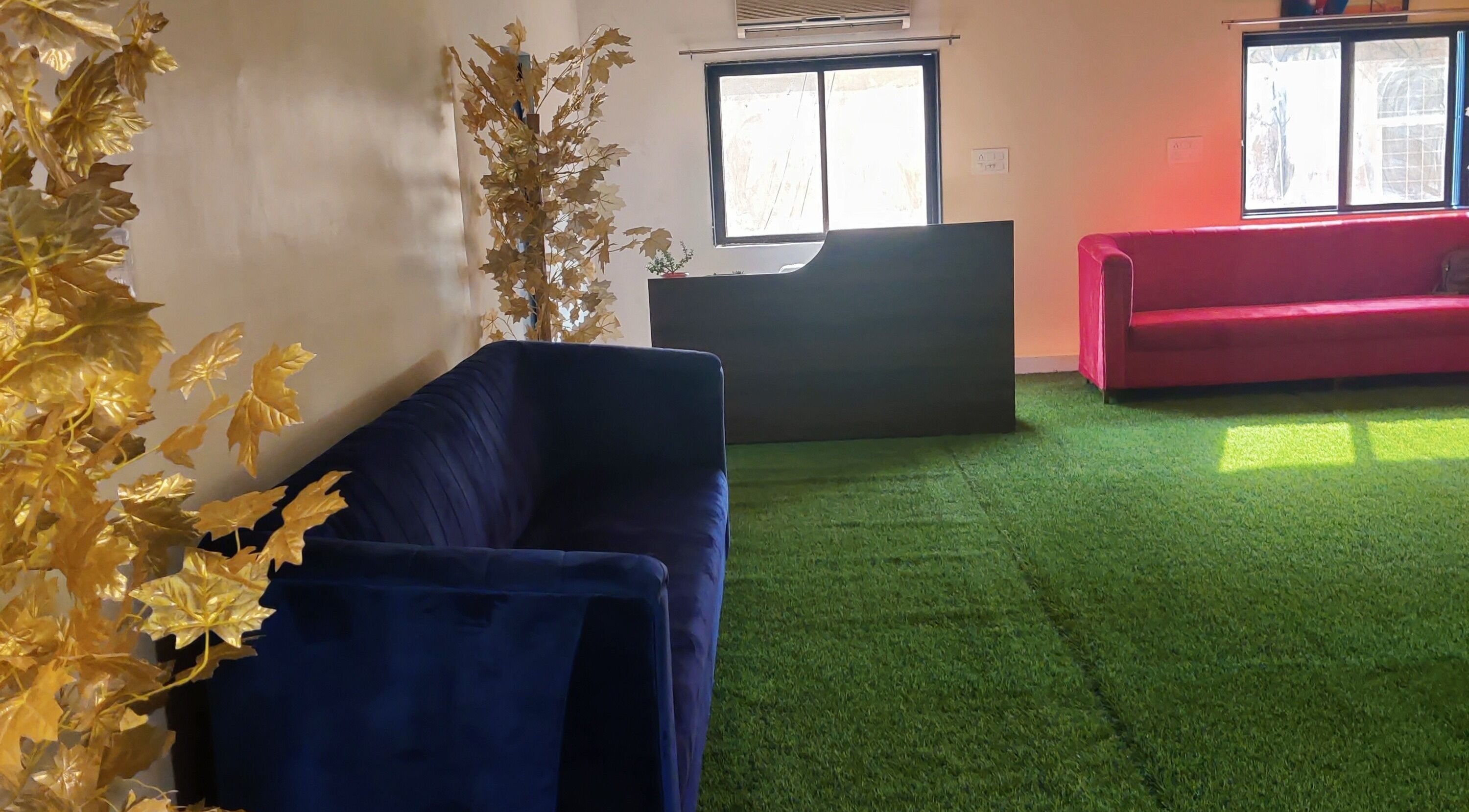 Relaxing lounge at Absolute Ace Unisex Spa and Salon, Raipur, Chhattisgarh, IN, with vibrant decor and greenery.