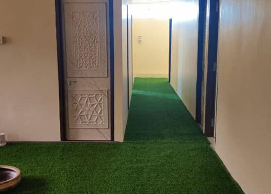 Peaceful corridor with green carpet at Absolute Ace Unisex Spa and Salon, Raipur, Chhattisgarh, IN.