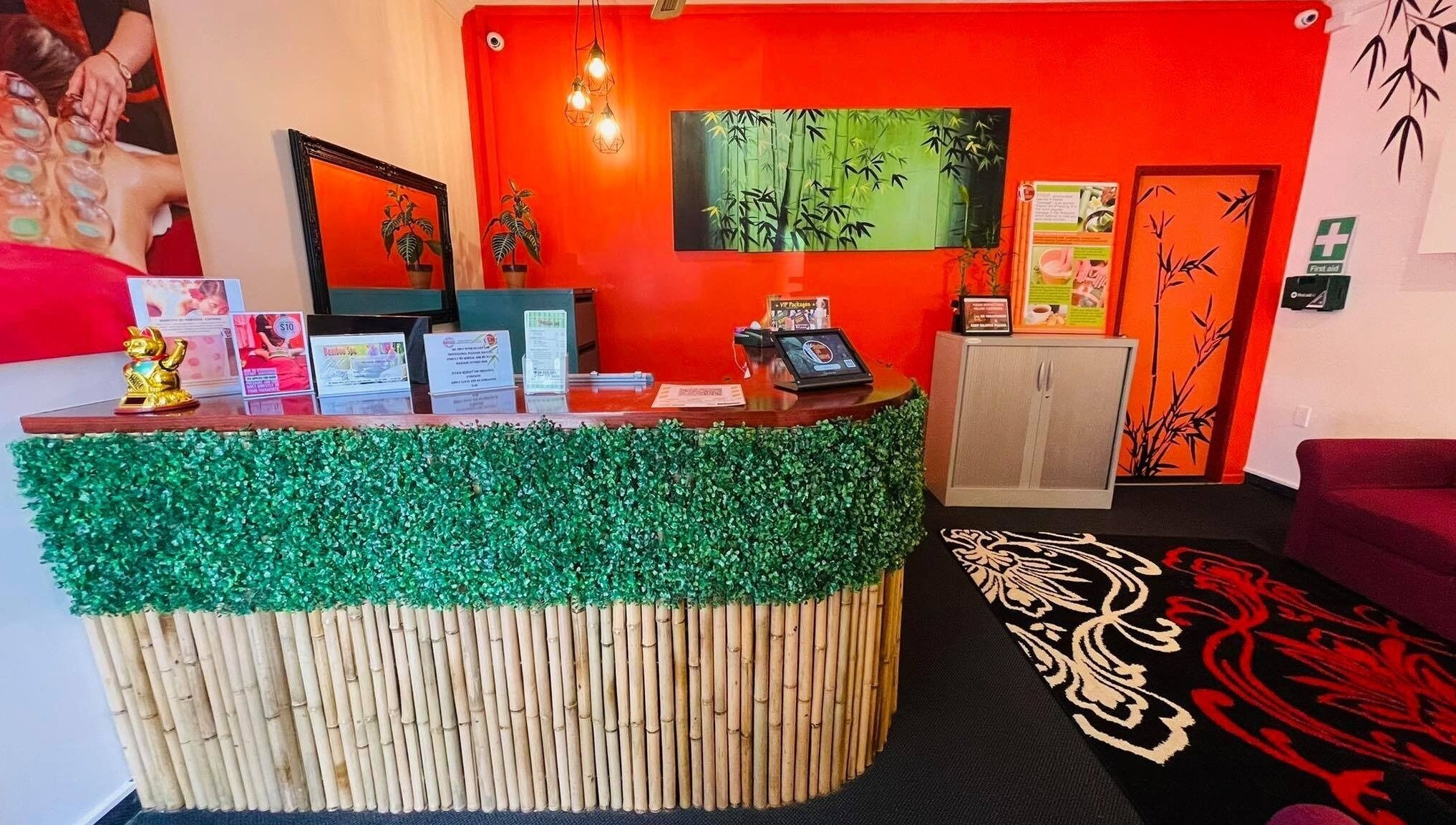 Welcoming bamboo-themed reception area at Bamboo Spa Lower Hutt Wellington, located in Lower Hutt, Wellington, NZ.