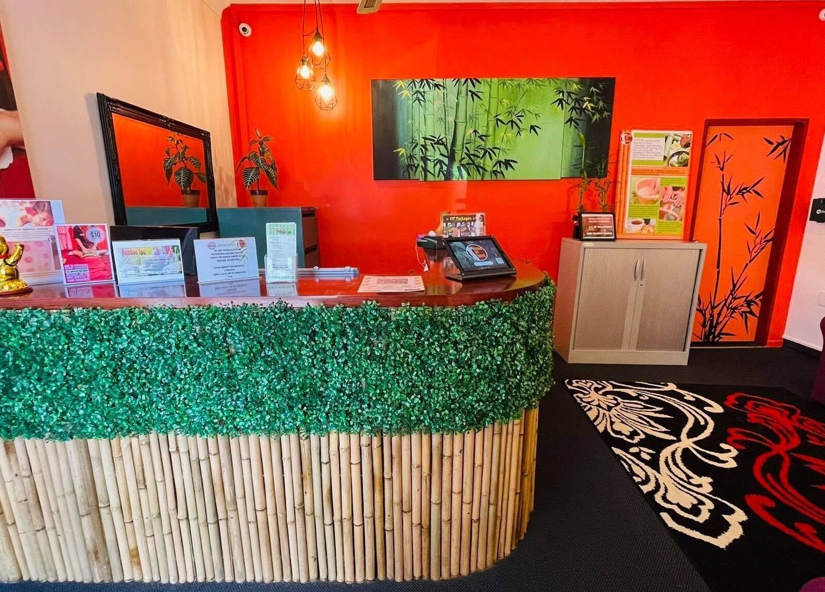Welcoming bamboo-themed reception area at Bamboo Spa Lower Hutt Wellington, located in Lower Hutt, Wellington, NZ.