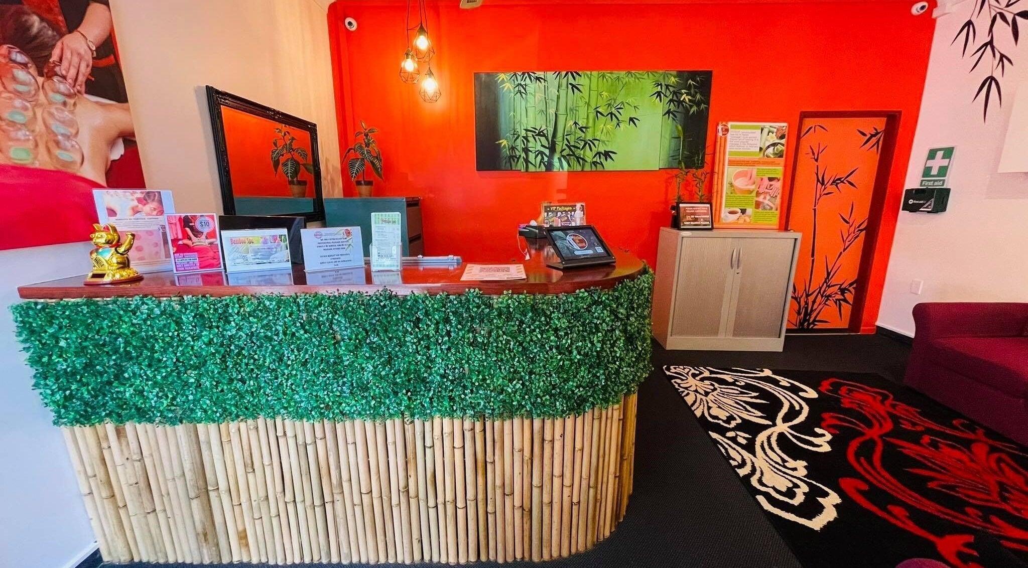 Welcoming bamboo-themed reception area at Bamboo Spa Lower Hutt Wellington, located in Lower Hutt, Wellington, NZ.