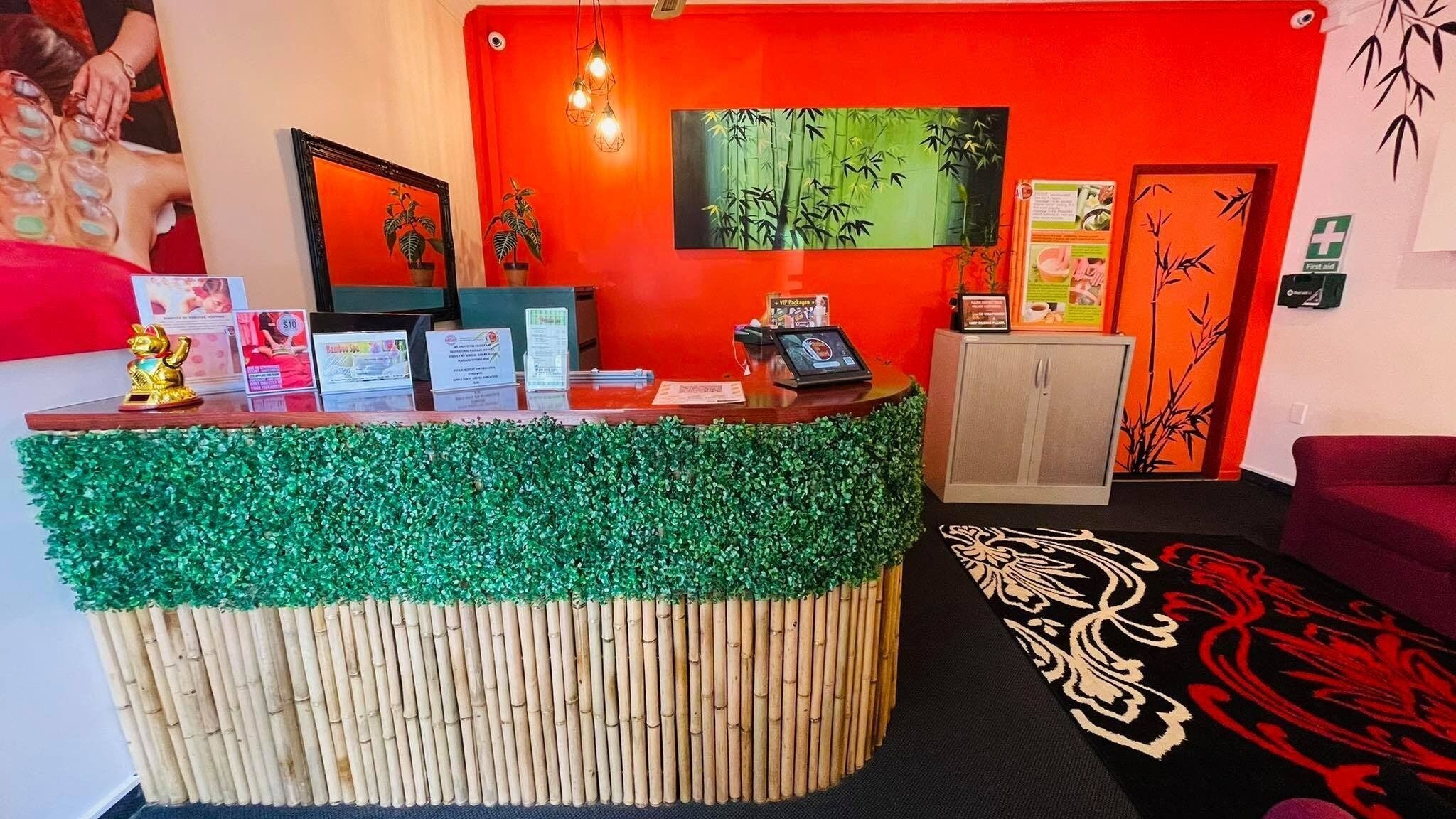 Welcoming bamboo-themed reception area at Bamboo Spa Lower Hutt Wellington, located in Lower Hutt, Wellington, NZ.