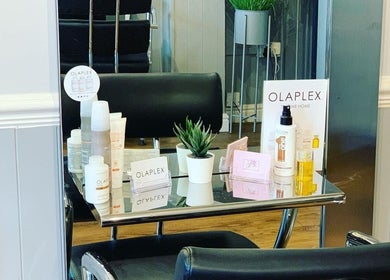 Stylish hair products display at JB Hair in Rode Heath, England.