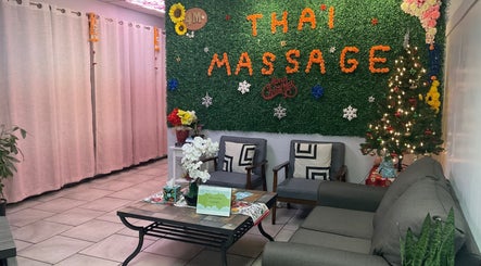 Cozy seating area with festive decor at 4M Thai Massage - Las Vegas Nevada, Las Vegas, Nevada, US.