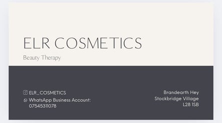 ELR Cosmetics beauty therapy contact card, Liverpool, England, GB. Elegant design with social media details.