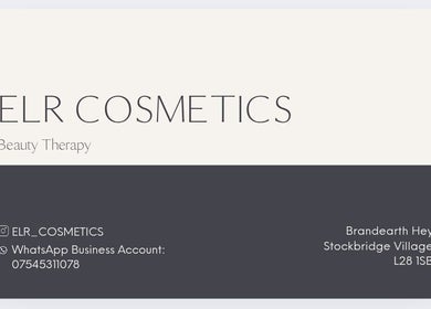 ELR Cosmetics business card featuring address in Liverpool, England, GB, and contact details.