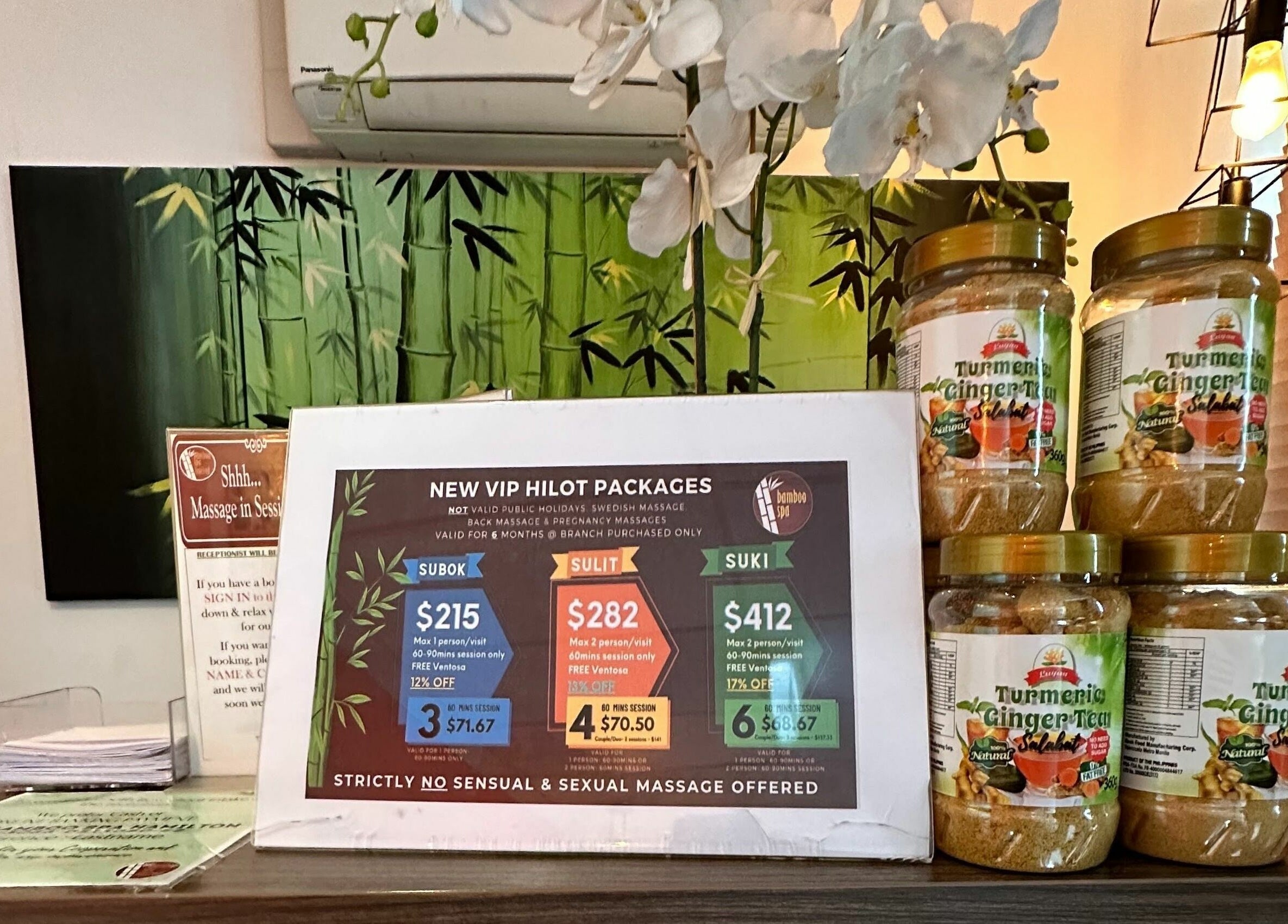 Promo packages display at Bamboo Spa Hamilton, Hamilton, Waikato, NZ with turmeric ginger tea jars.