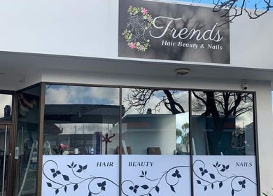 Exterior of Trends Hair Beauty and Nails in Christchurch, Canterbury, NZ. Stylish salon facade with signage.