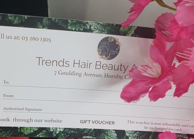 Gift voucher with pink flowers from Trends Hair Beauty and Nails, Christchurch, Canterbury, NZ.