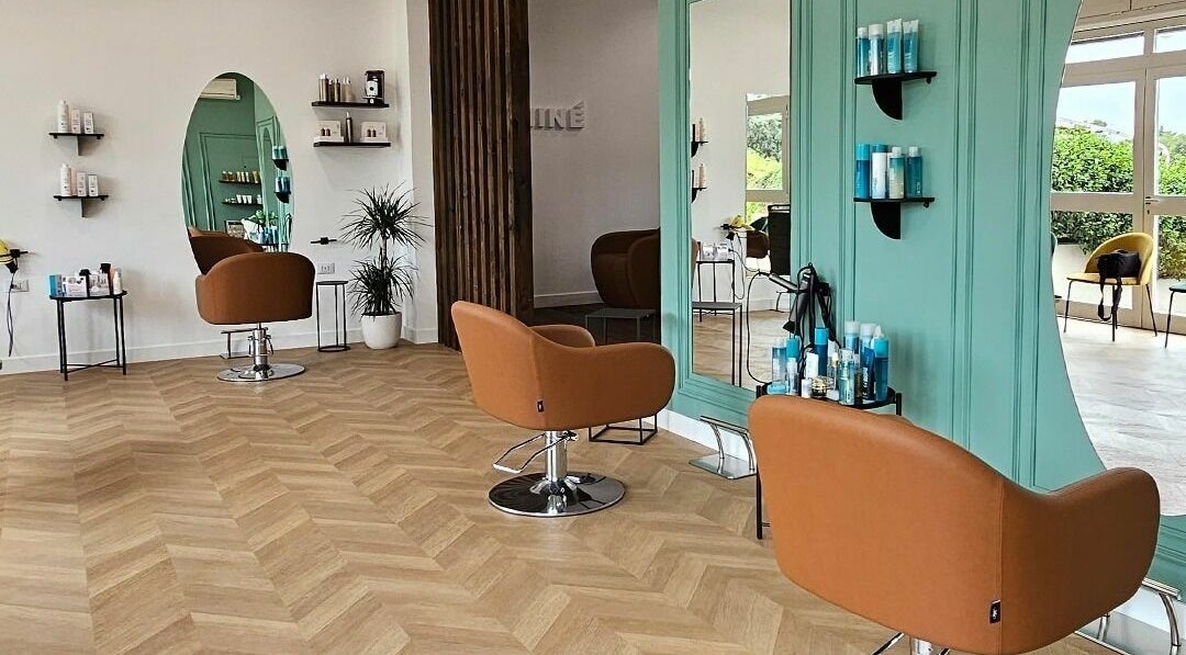 Interno moderno di Salone Ninè a Pomezia, Lazio, IT con poltrone marroni e specchi verdi.