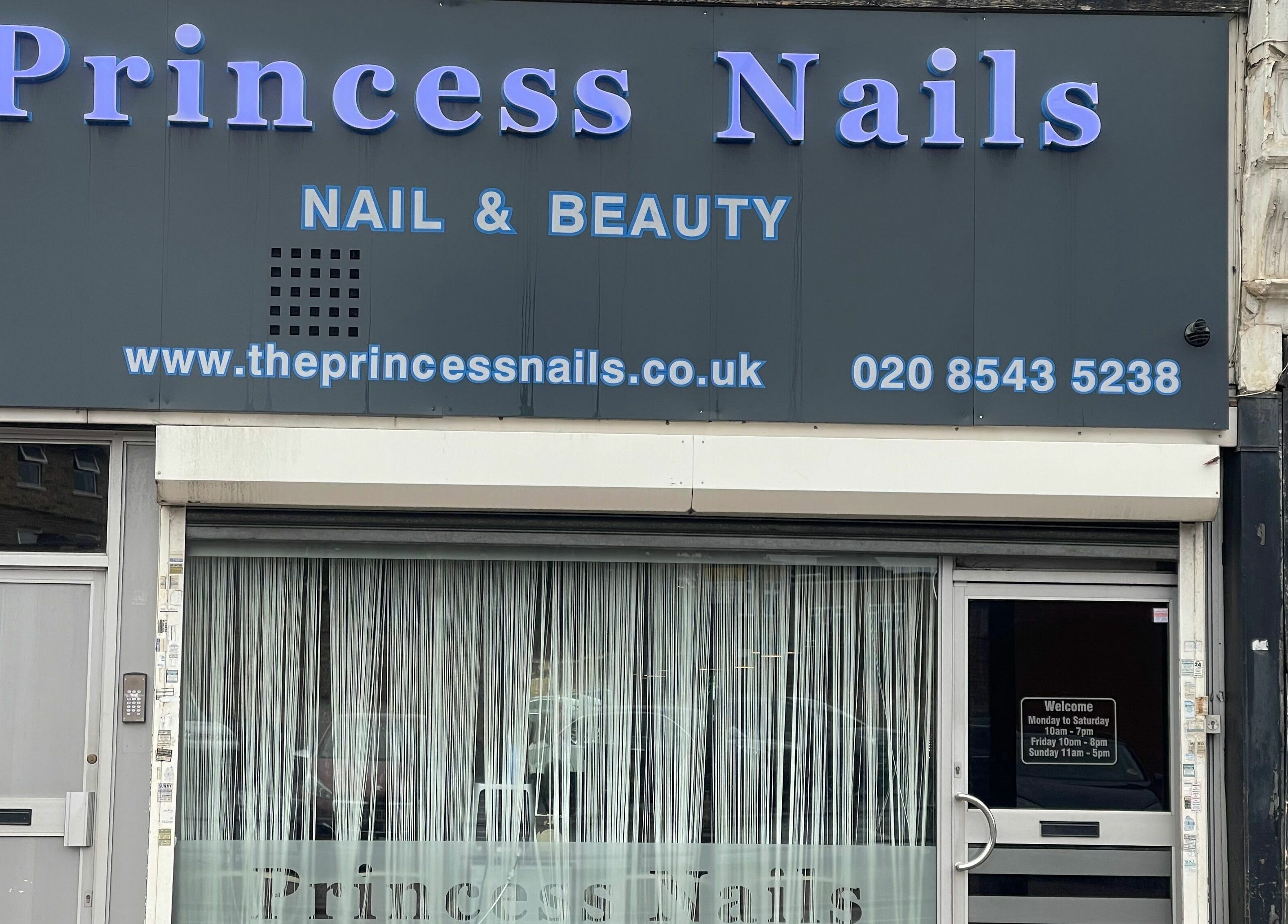 Front view of Princess Nails Wimbledon in London, England, GB showcasing elegant storefront signage.
