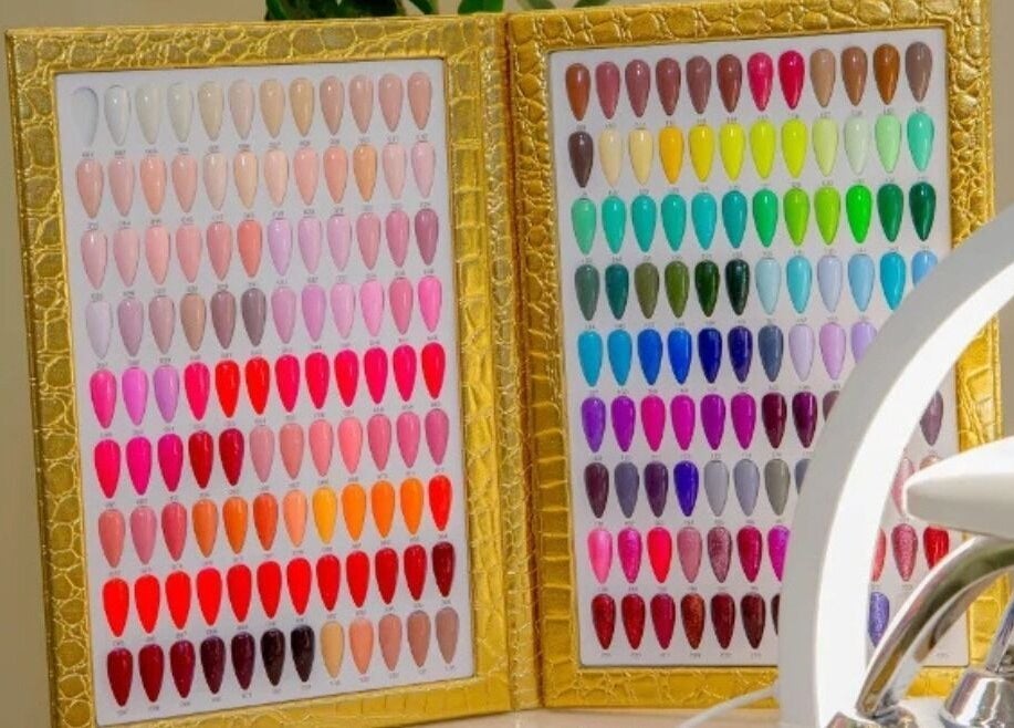 Colorful nail polish display at The Beauty Nest, London, England, GB. Showcases a wide array of hues.