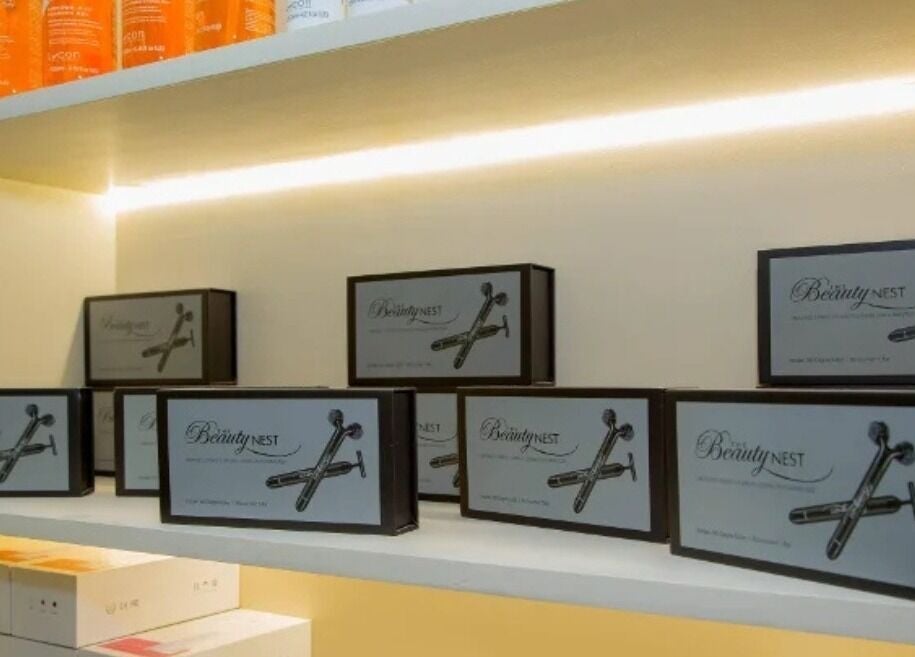 Beauty products on a shelf at The Beauty Nest, London, England, GB.