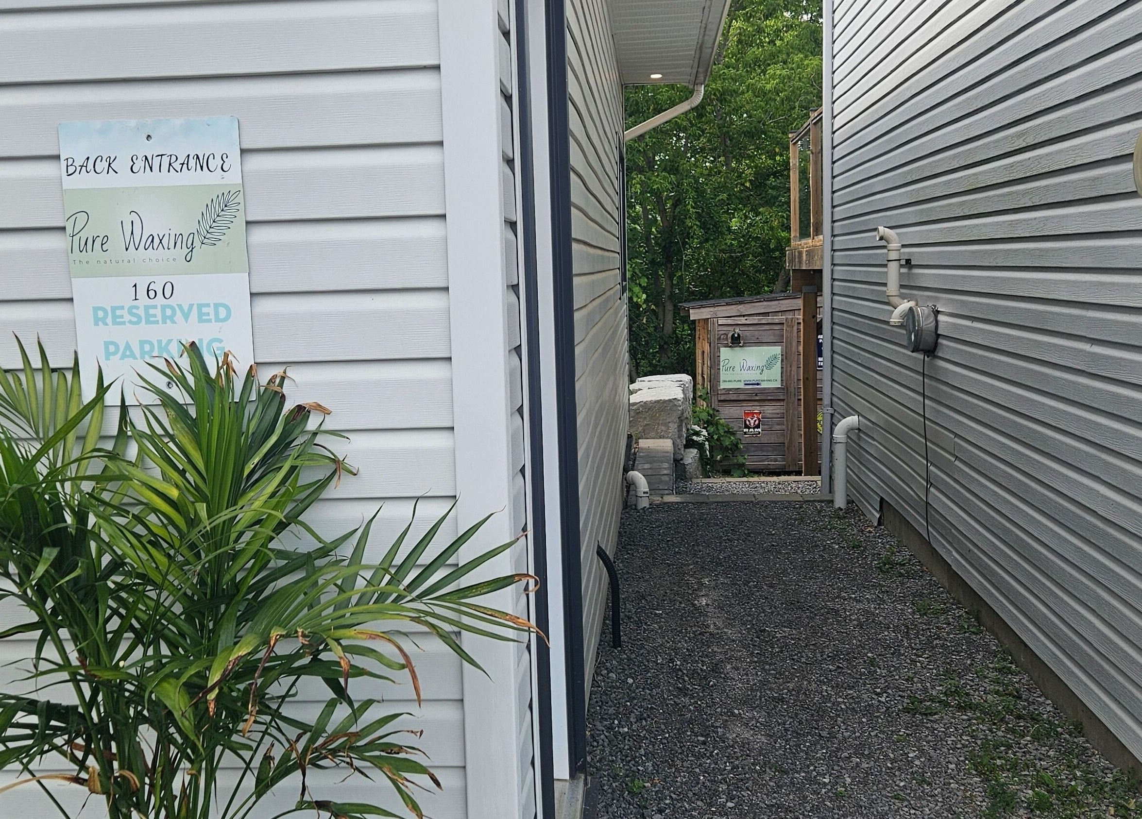 Back entrance to Pure Waxing in Quinte West, Ontario, CA, with lush green plants and a cozy path.