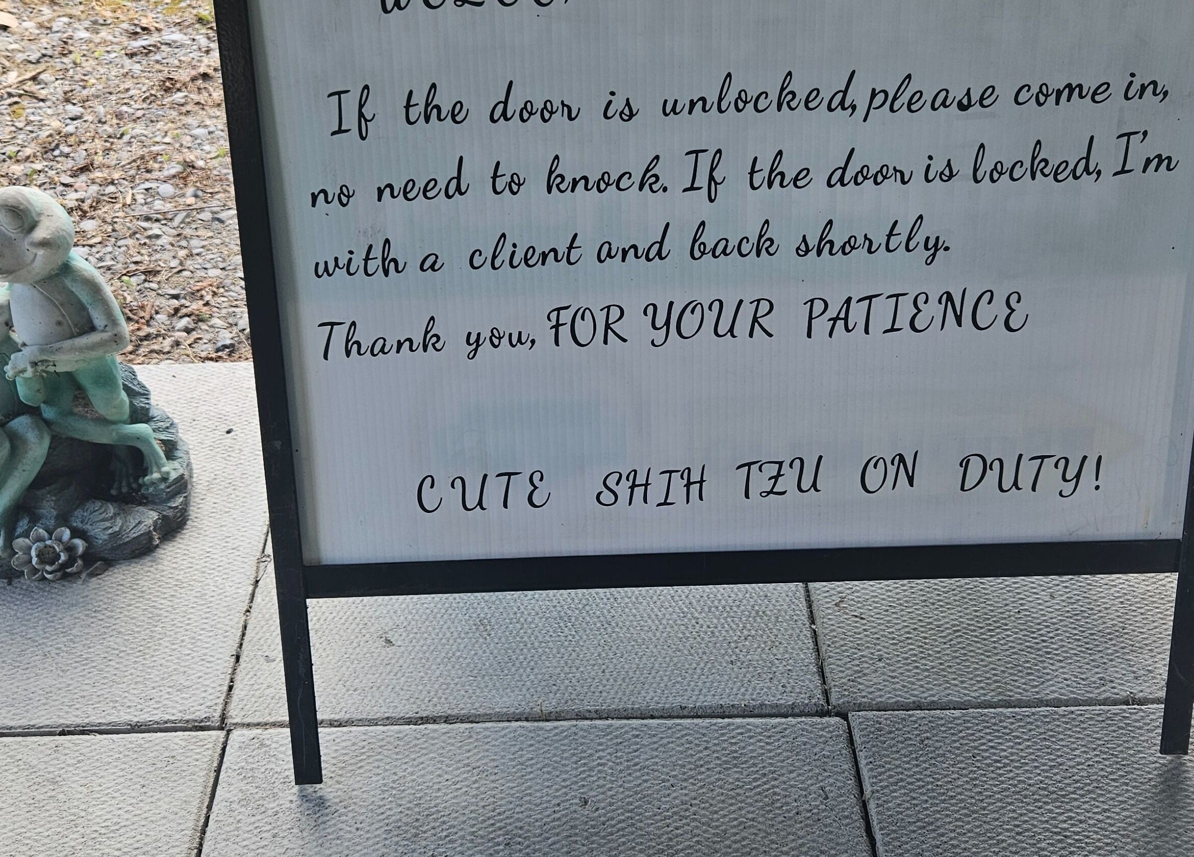 Welcome sign with humorous message at Pure Waxing, Quinte West, Ontario, CA.