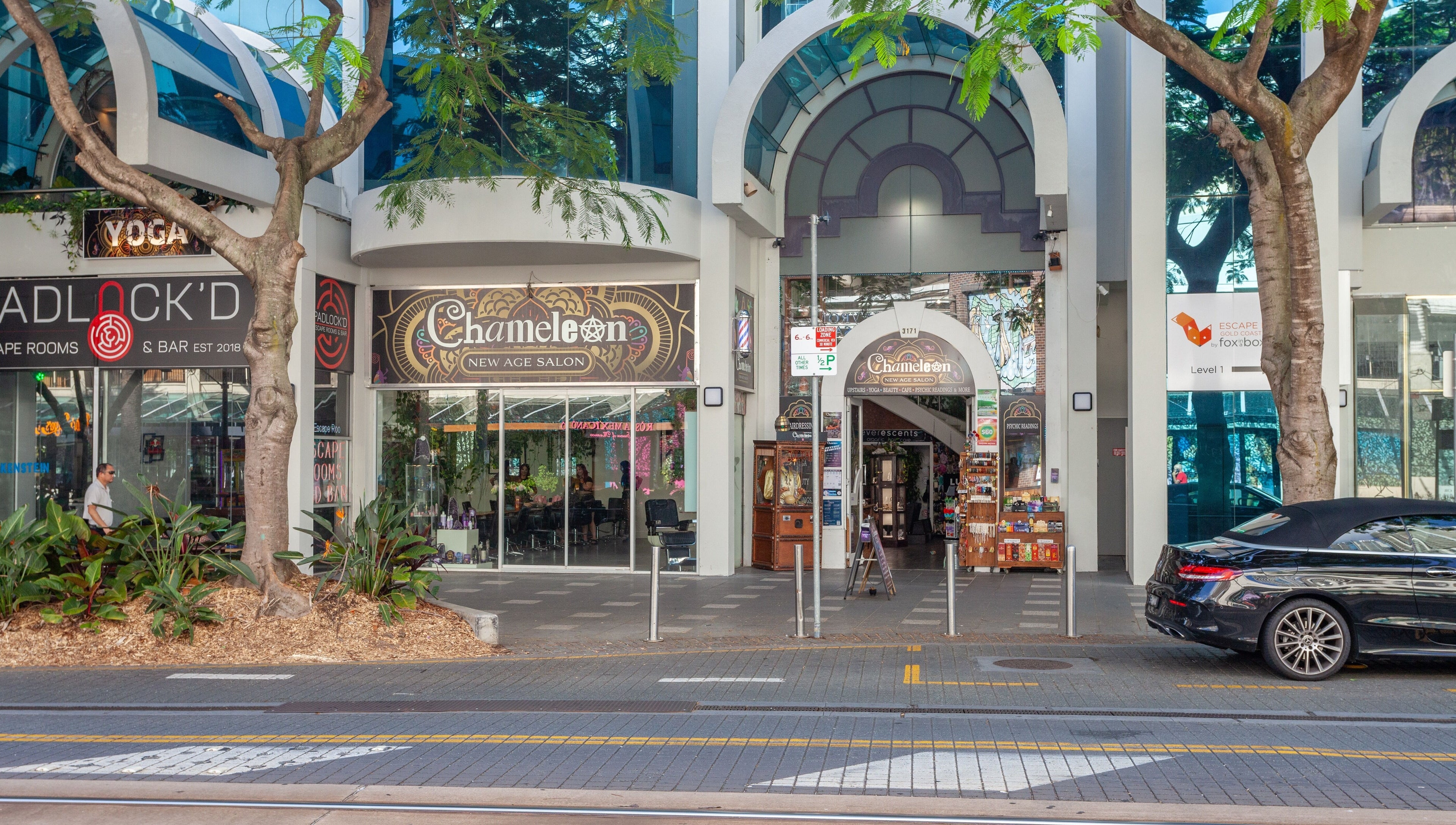 Chameleon New Age Salon entrance at Surfers Paradise, Queensland, AU, showcasing modern architecture.