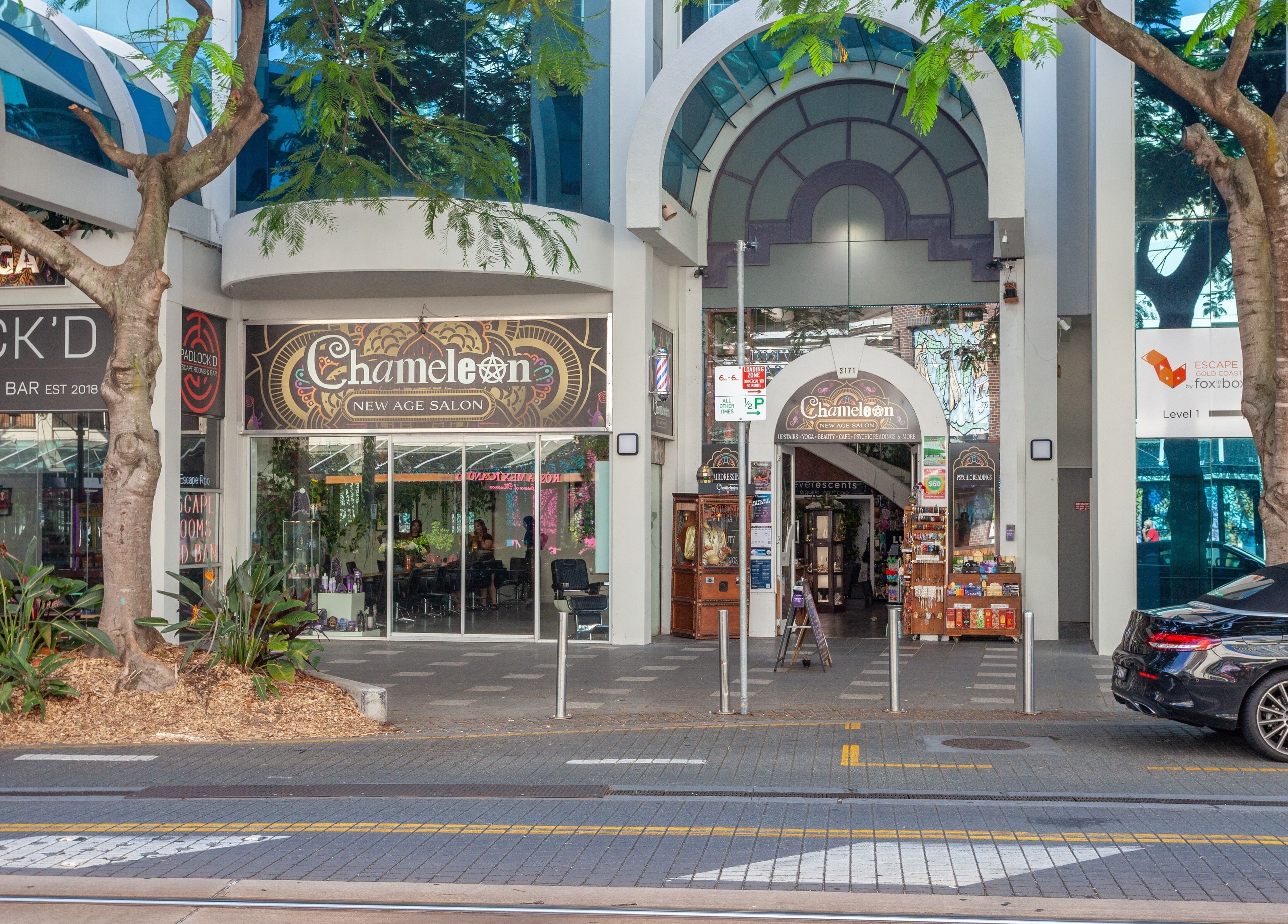 Chameleon New Age Salon entrance at Surfers Paradise, Queensland, AU, showcasing modern architecture.