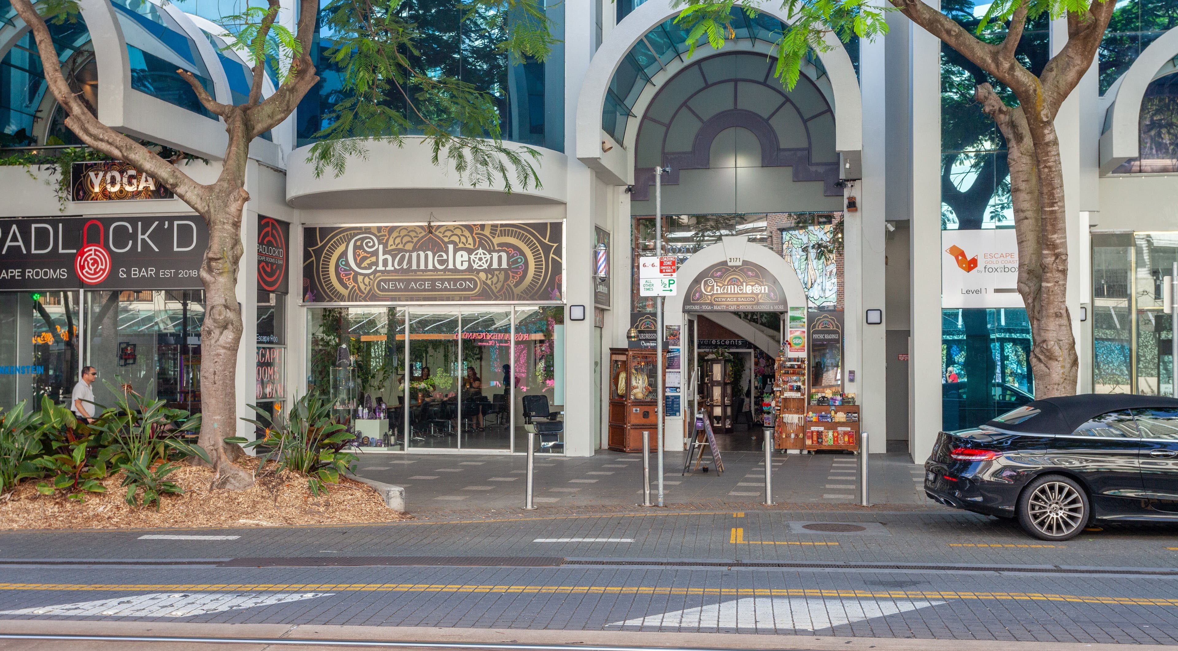 Chameleon New Age Salon entrance at Surfers Paradise, Queensland, AU, showcasing modern architecture.