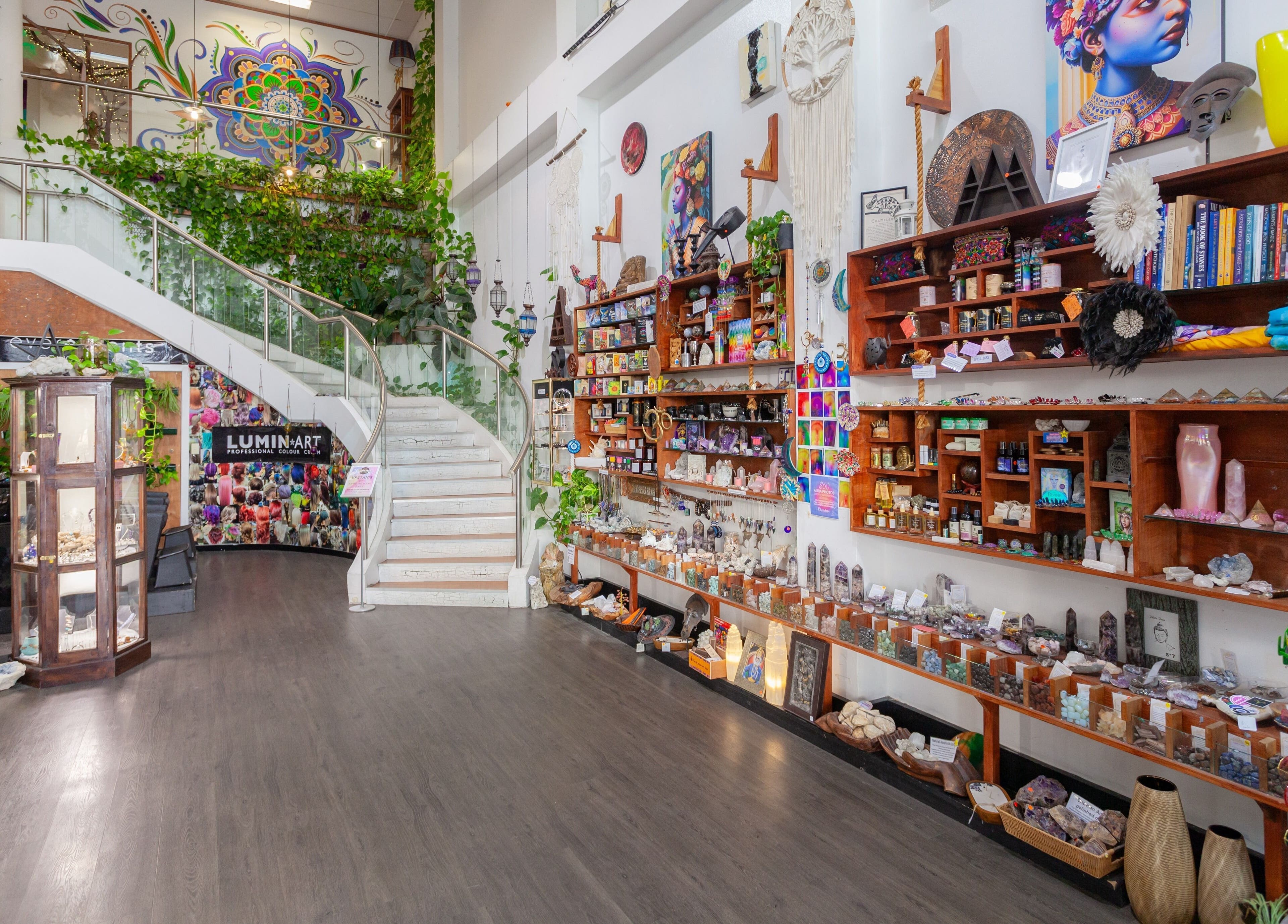Interior of Chameleon New Age Salon in Surfers Paradise, Queensland, featuring vibrant decor and holistic products.