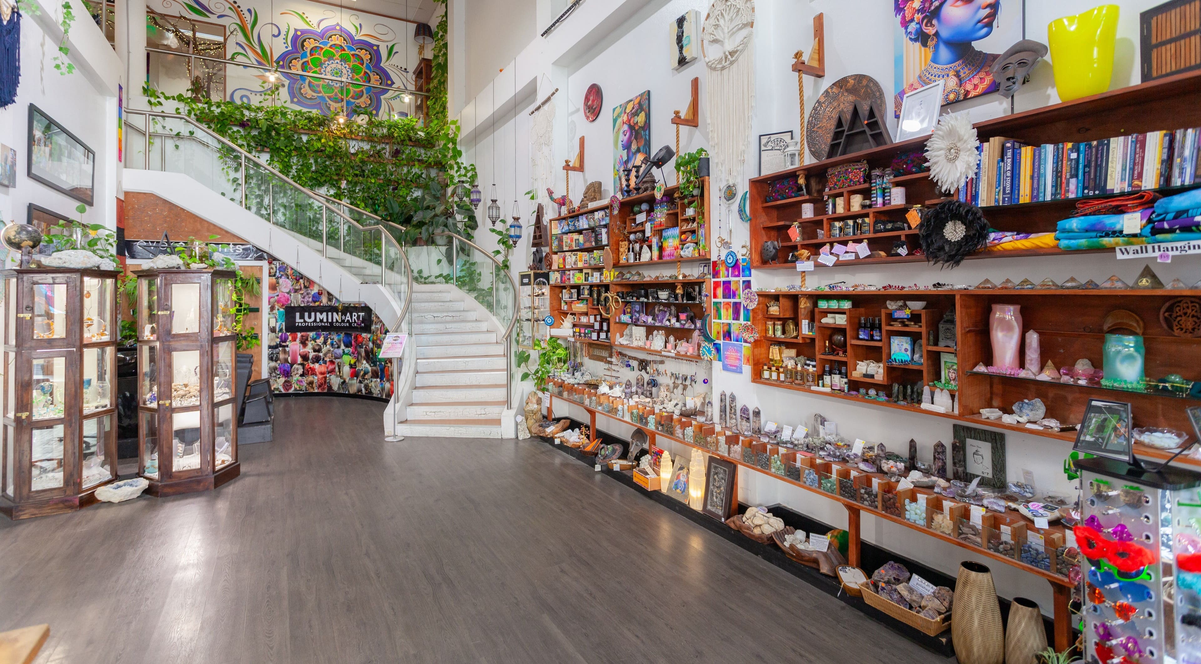 Interior of Chameleon New Age Salon in Surfers Paradise, Queensland, featuring vibrant decor and holistic products.