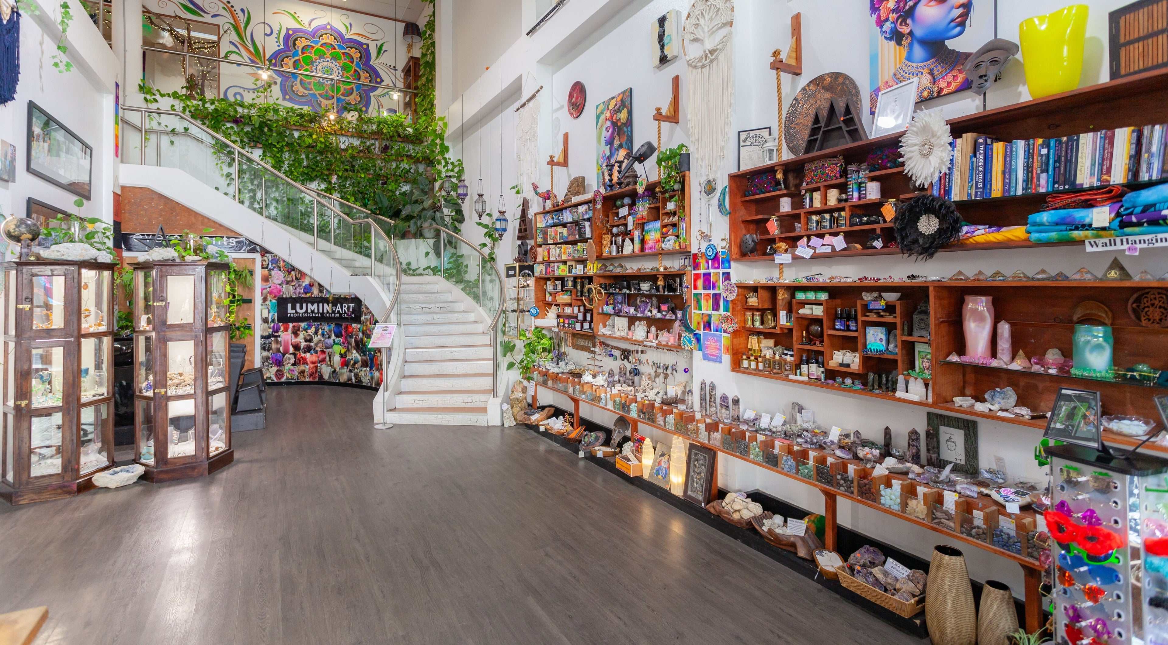 Interior of Chameleon New Age Salon in Surfers Paradise, Queensland, featuring vibrant decor and holistic products.