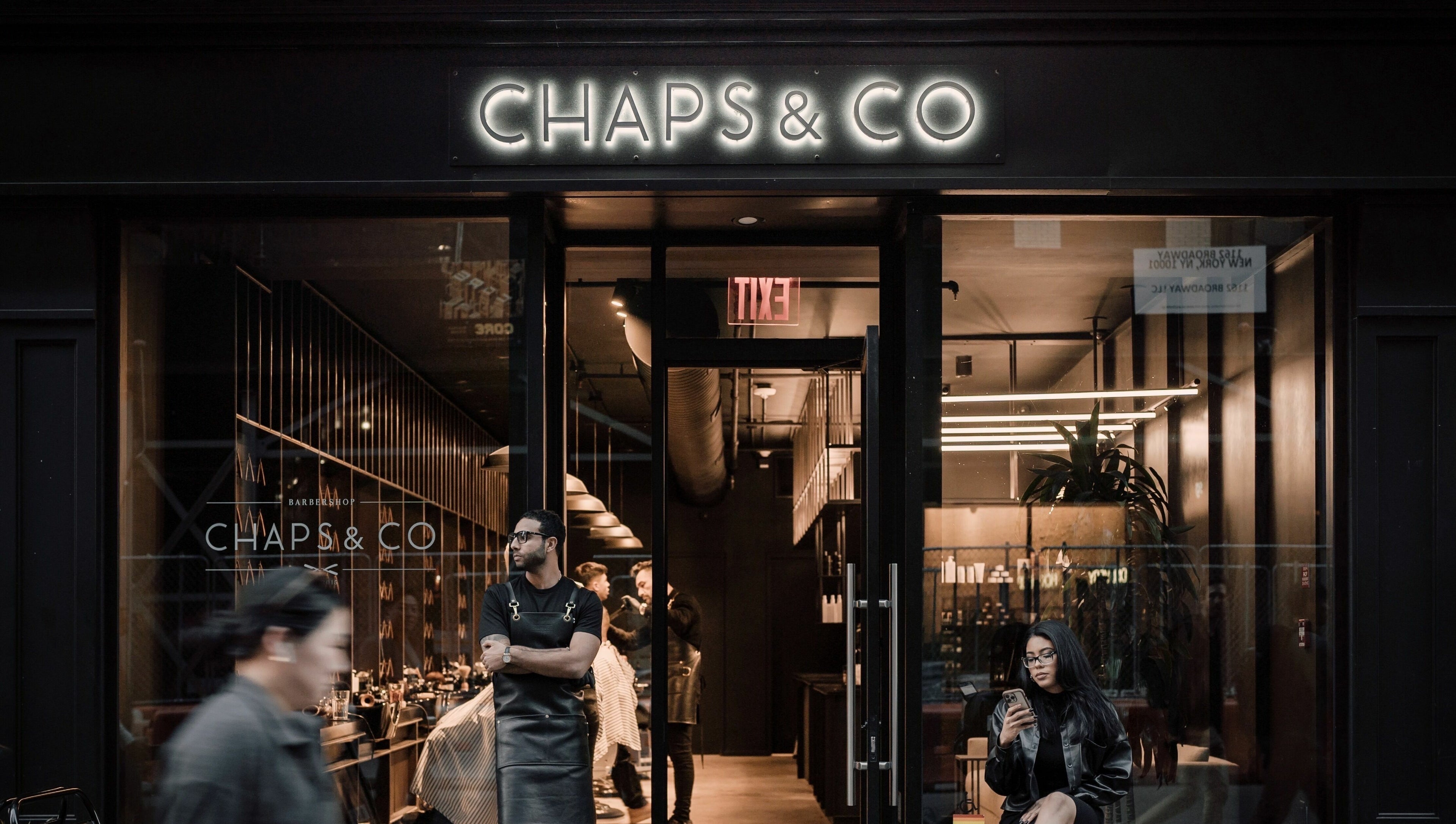 Exterior view of stylish barbershop, NoMad, located in New York, New York, US.