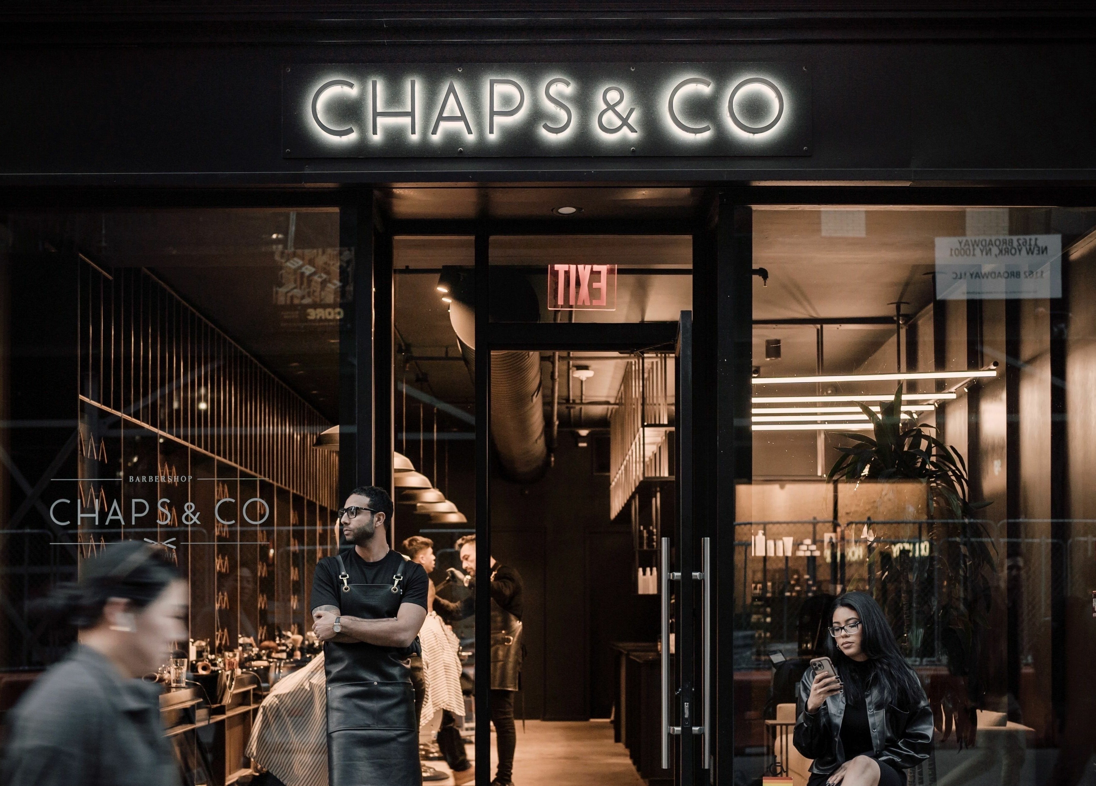 Exterior view of stylish barbershop, NoMad, located in New York, New York, US.