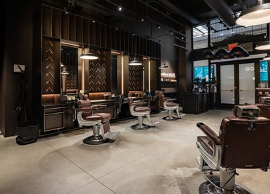 Stylish barber chairs at Grand Central, New York, New York, US, provide a luxurious grooming experience.