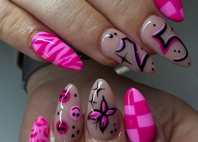Bright and creative nail art in pink tones at Nails by TyneJane, Wigan, England, GB.