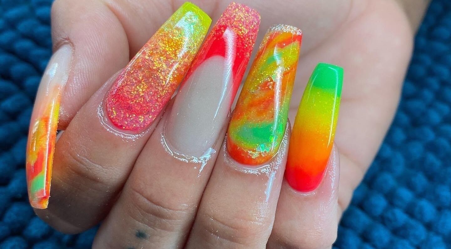 Colorful nail art design at Nails by TyneJane, Wigan, England, GB showcasing vivid colors and intricate details.