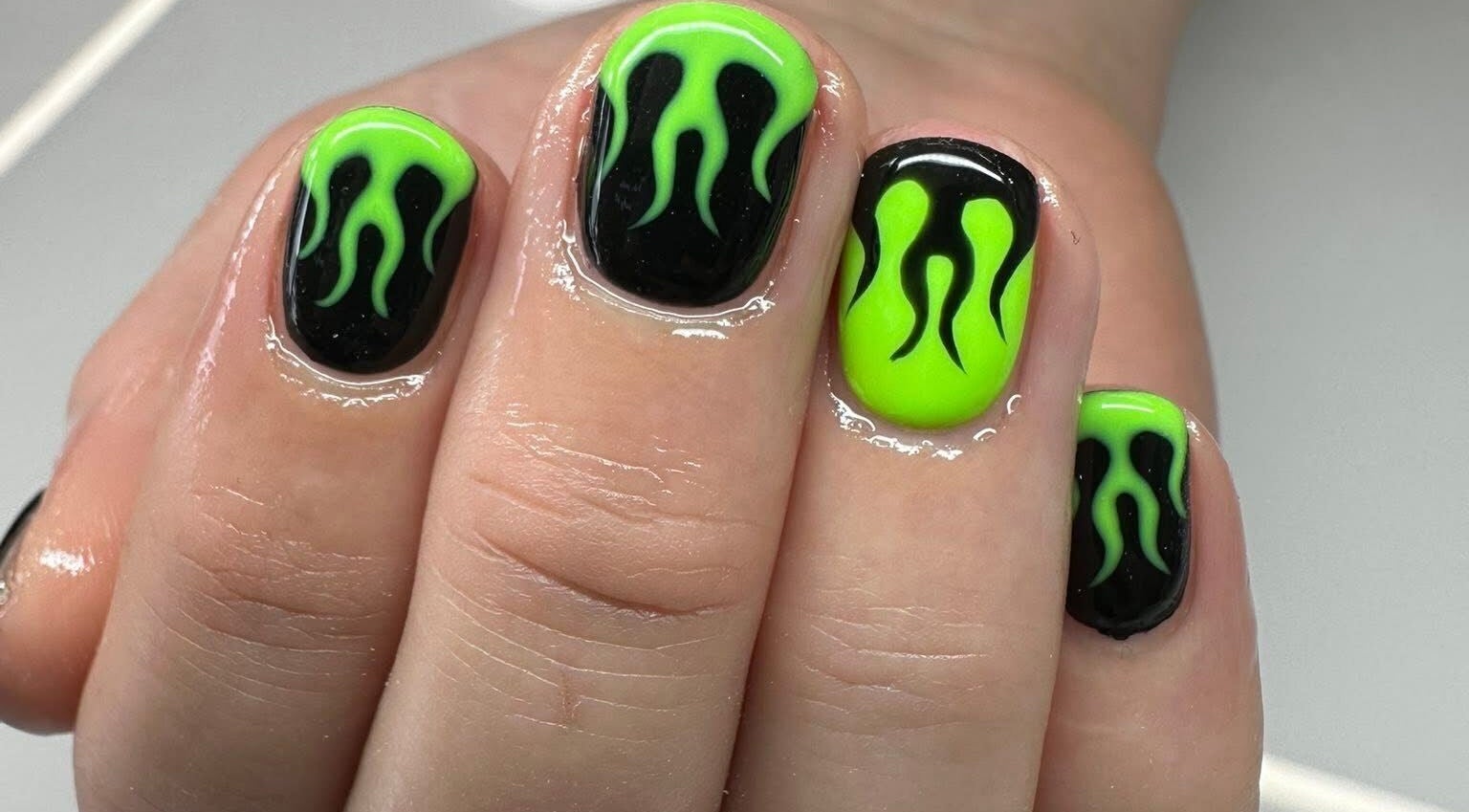 Vibrant green flame nail art by Nails by TyneJane, Wigan, England, GB.